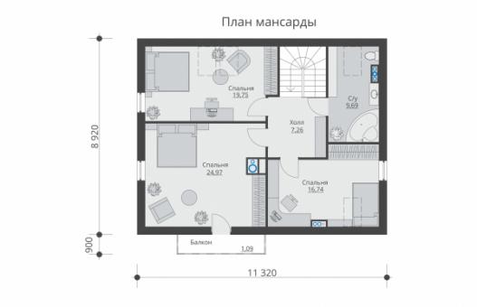 Одноэтажный жилой дом с мансардой, террасой и балконом